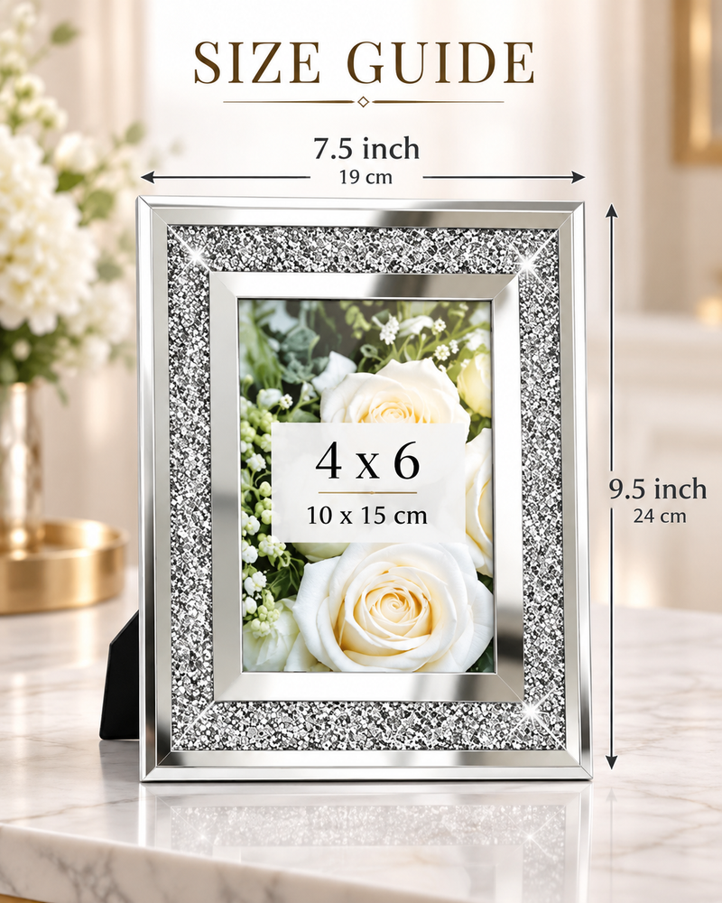 4 × 6 Inch — Silver Crystal Mirror Photo Frame