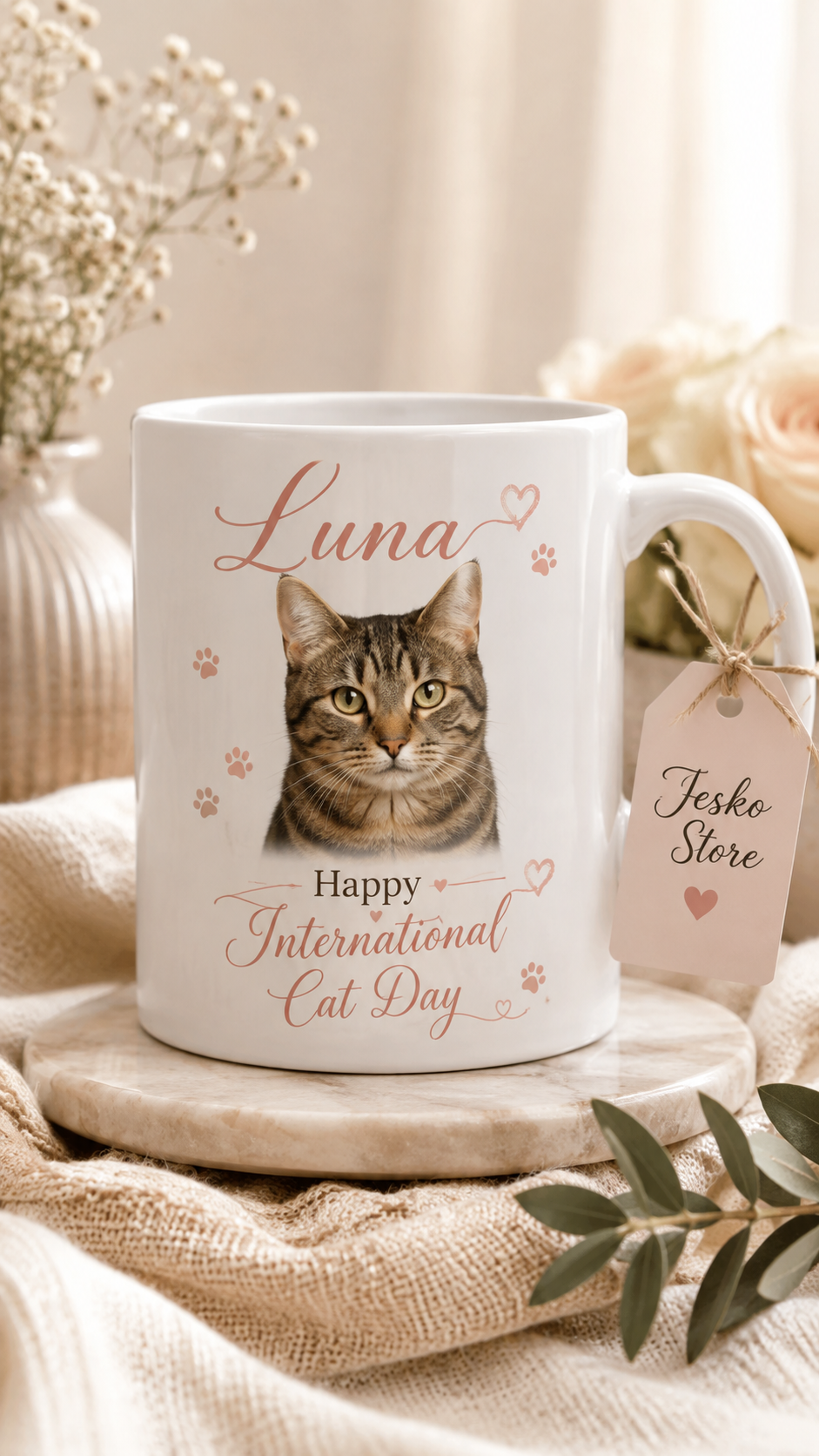 Celebrate International Cat Day with a personalized mug made especially for pet lovers.