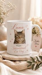 Celebrate International Cat Day with a personalized mug made especially for pet lovers.